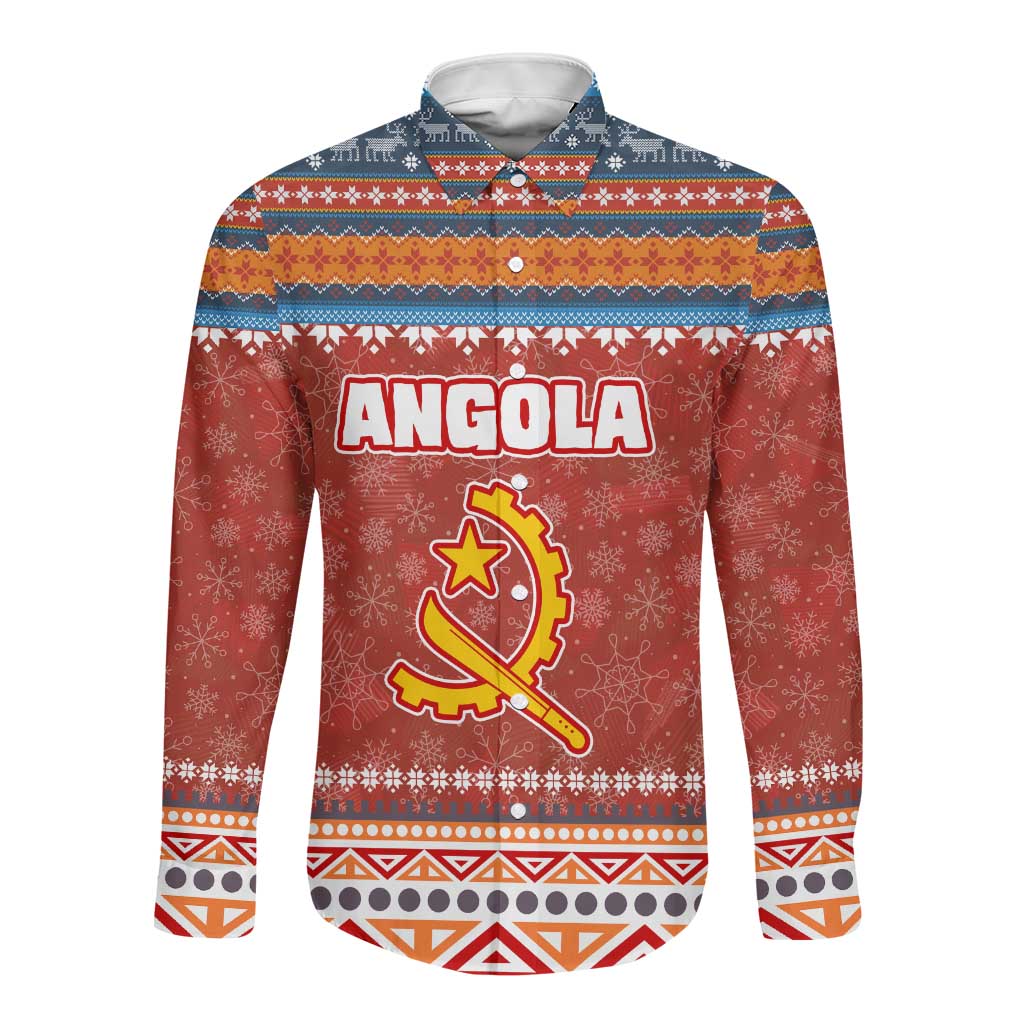 Angola Christmas Long Sleeve Button Shirt Snowflake Pattern Tribal Santa Claus Motif - African Pride