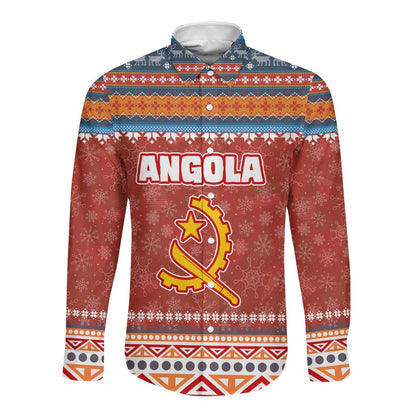 Angola Christmas Long Sleeve Button Shirt Snowflake Pattern Tribal Santa Claus Motif - African Pride