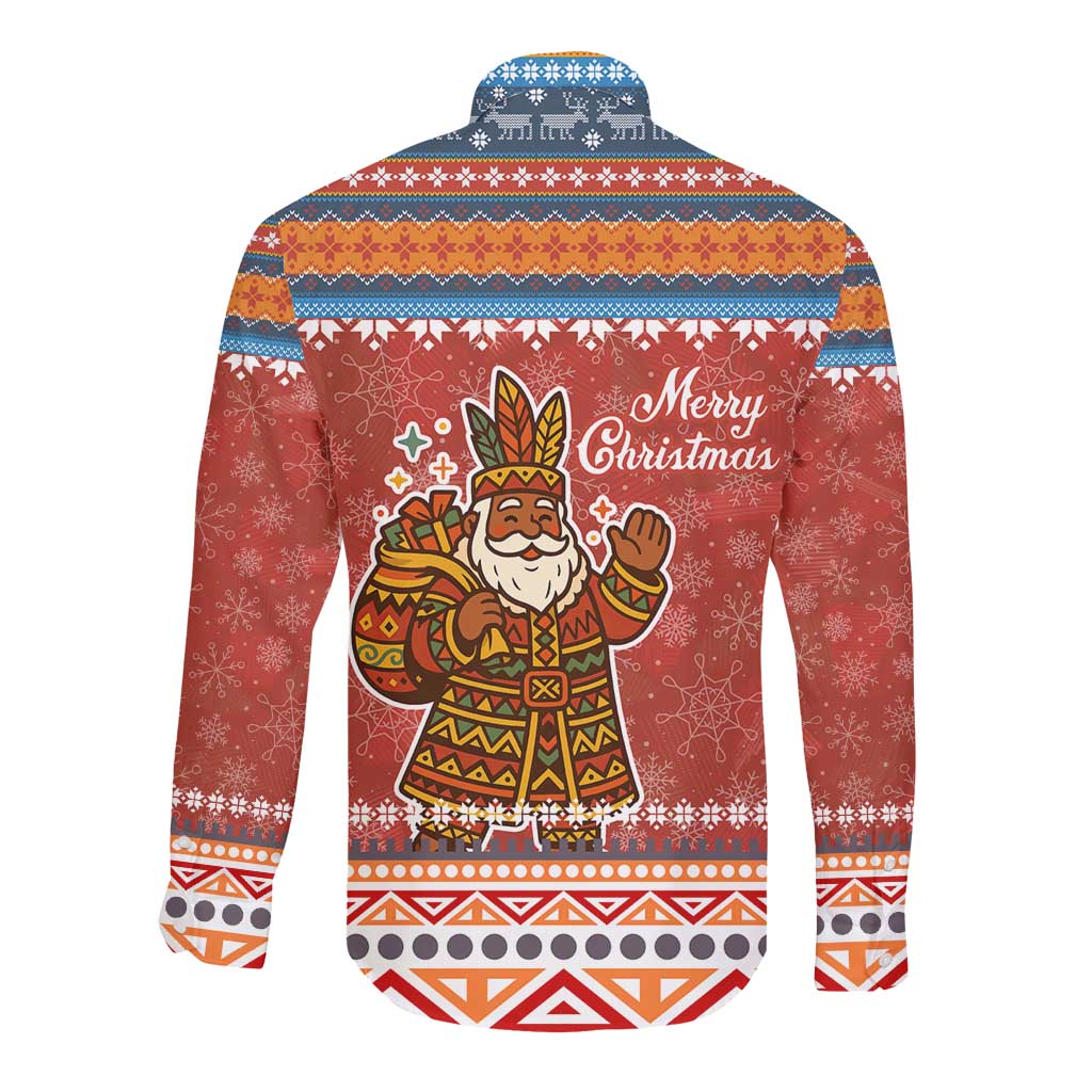 Angola Christmas Long Sleeve Button Shirt Snowflake Pattern Tribal Santa Claus Motif - African Pride