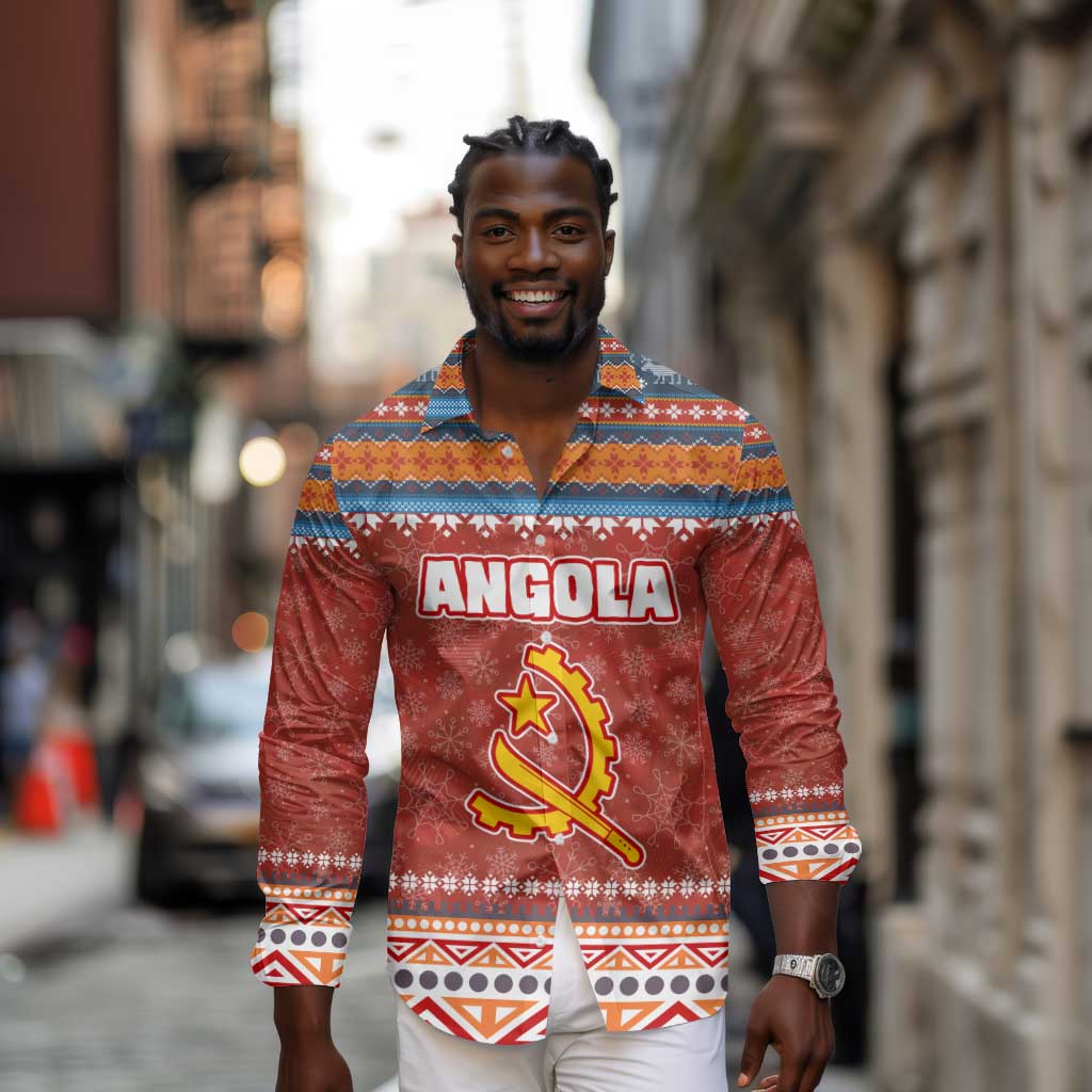 Angola Christmas Long Sleeve Button Shirt Snowflake Pattern Tribal Santa Claus Motif - African Pride