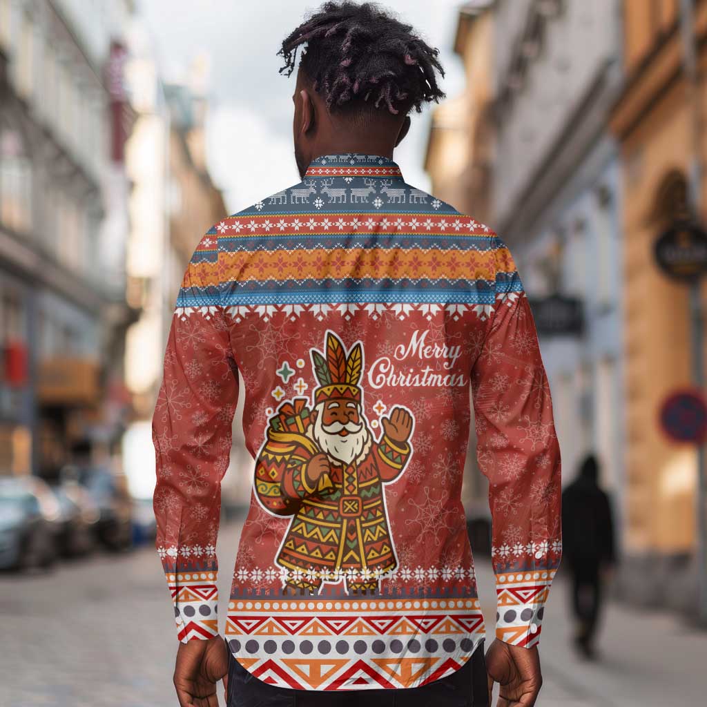 Angola Christmas Long Sleeve Button Shirt Snowflake Pattern Tribal Santa Claus Motif - African Pride
