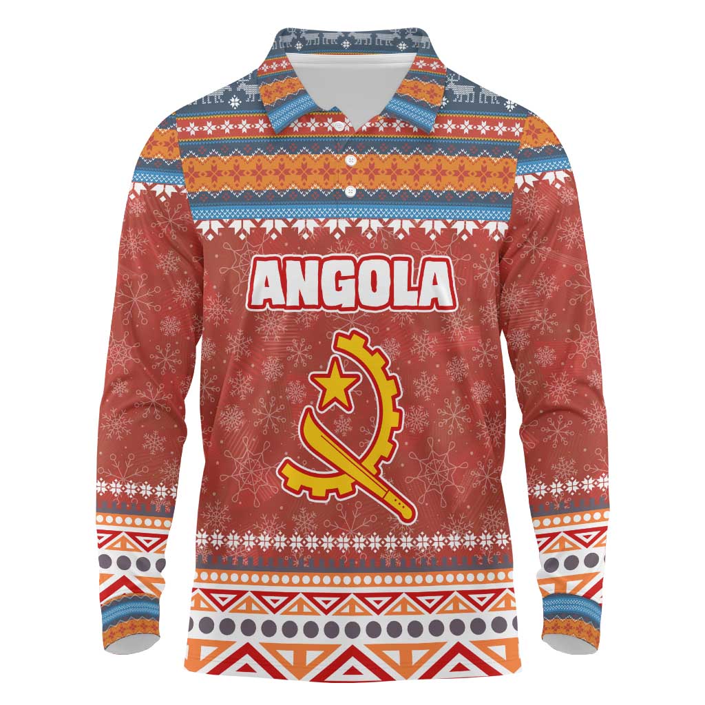 Angola Christmas Long Sleeve Polo Shirt Snowflake Pattern Tribal Santa Claus Motif - African Pride