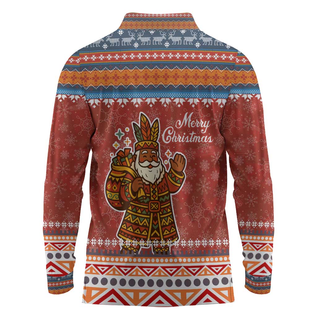 Angola Christmas Long Sleeve Polo Shirt Snowflake Pattern Tribal Santa Claus Motif - African Pride
