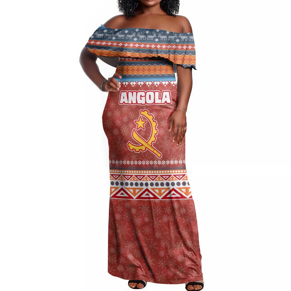 Angola Christmas Off Shoulder Maxi Dress Snowflake Pattern Tribal Santa Claus Motif - African Pride