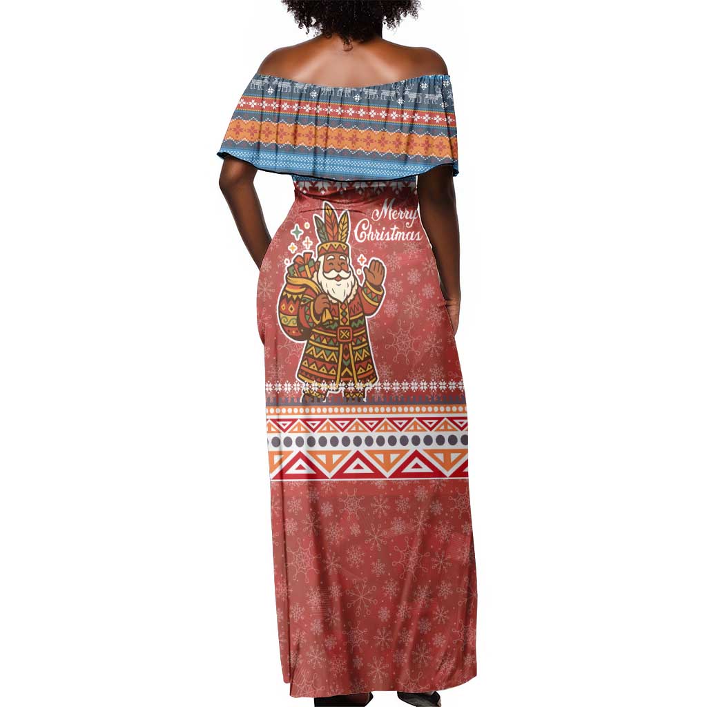 Angola Christmas Off Shoulder Maxi Dress Snowflake Pattern Tribal Santa Claus Motif - African Pride