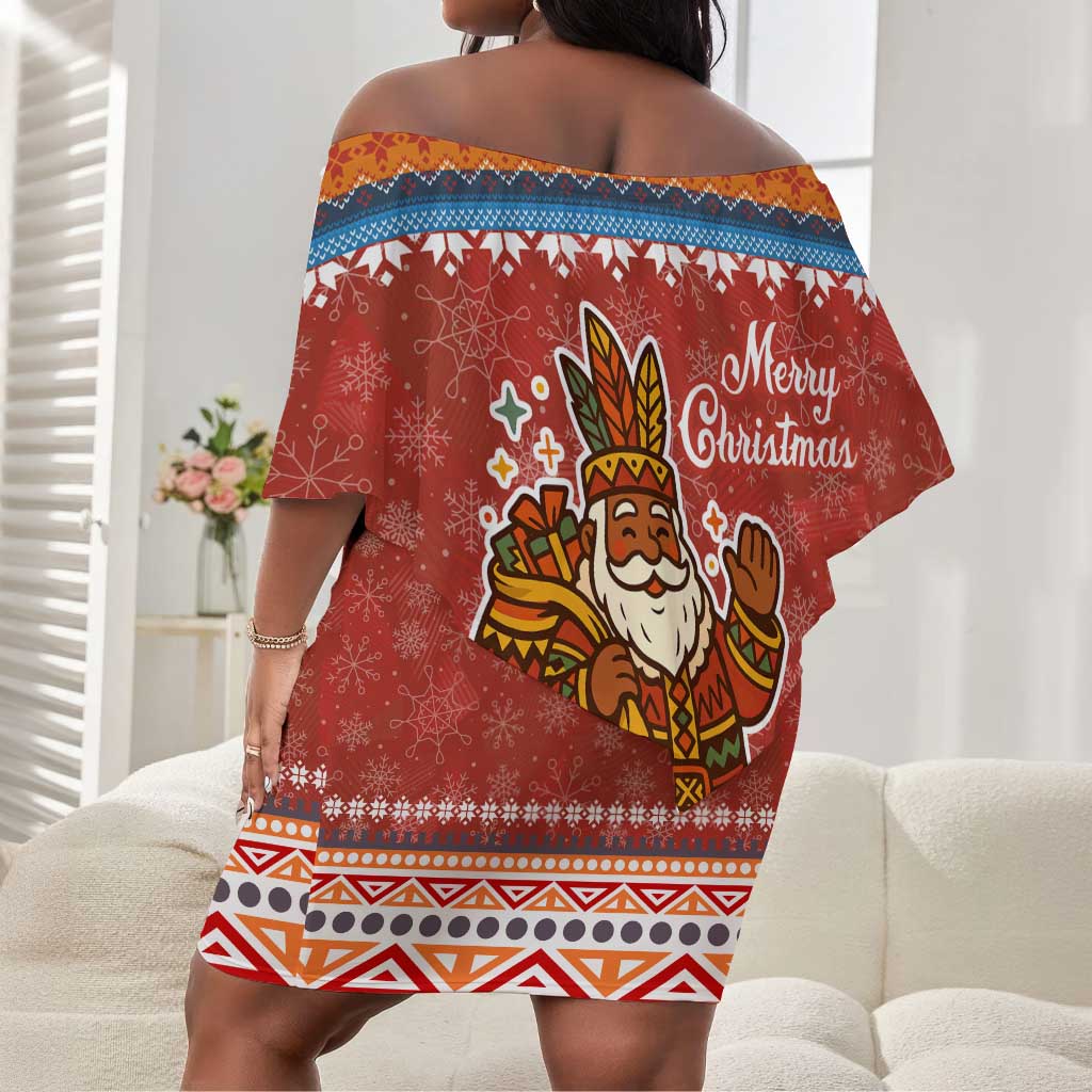 Angola Christmas Off Shoulder Short Dress Snowflake Pattern Tribal Santa Claus Motif - African Pride