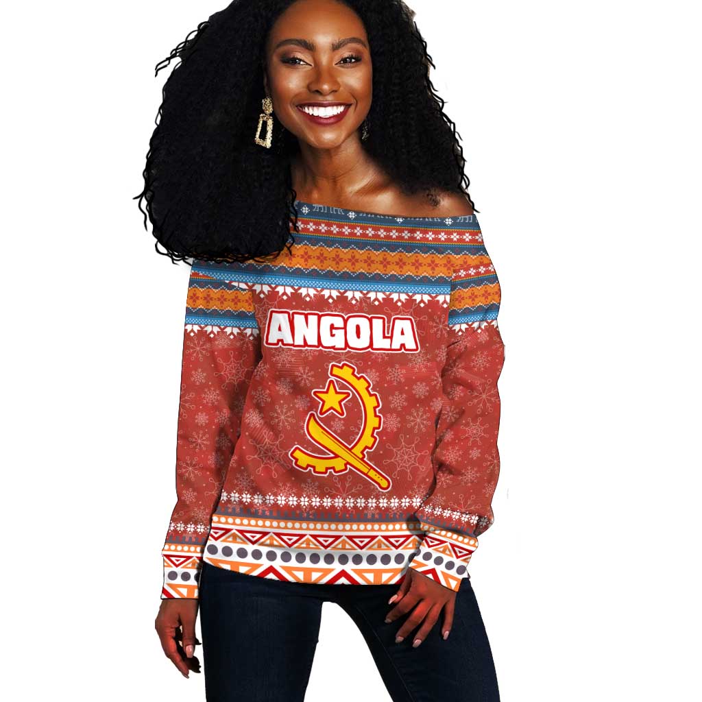 Angola Christmas Off Shoulder Sweater Snowflake Pattern Tribal Santa Claus Motif - African Pride