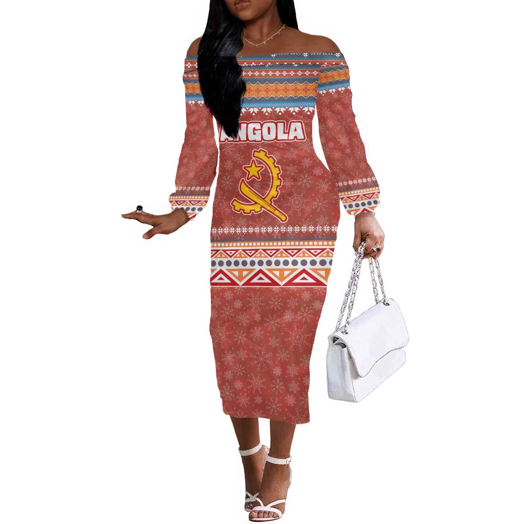 Angola Christmas Off The Shoulder Long Sleeve Dress Snowflake Pattern Tribal Santa Claus Motif - African Pride