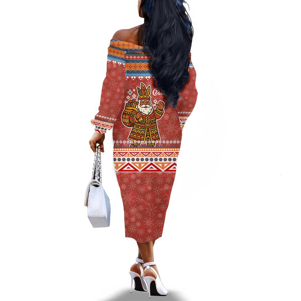 Angola Christmas Off The Shoulder Long Sleeve Dress Snowflake Pattern Tribal Santa Claus Motif - African Pride