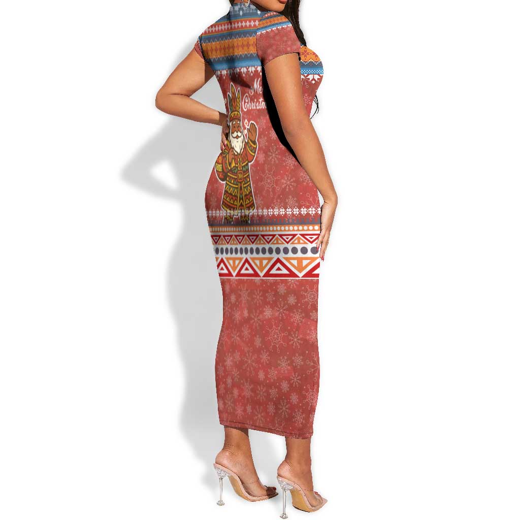Angola Christmas Short Sleeve Bodycon Dress Snowflake Pattern Tribal Santa Claus Motif - African Pride