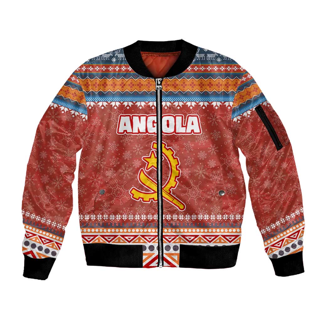 Angola Christmas Sleeve Zip Bomber Jacket Snowflake Pattern Tribal Santa Claus Motif - African Pride