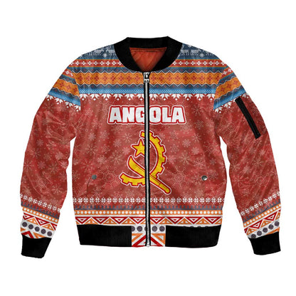 Angola Christmas Sleeve Zip Bomber Jacket Snowflake Pattern Tribal Santa Claus Motif - African Pride