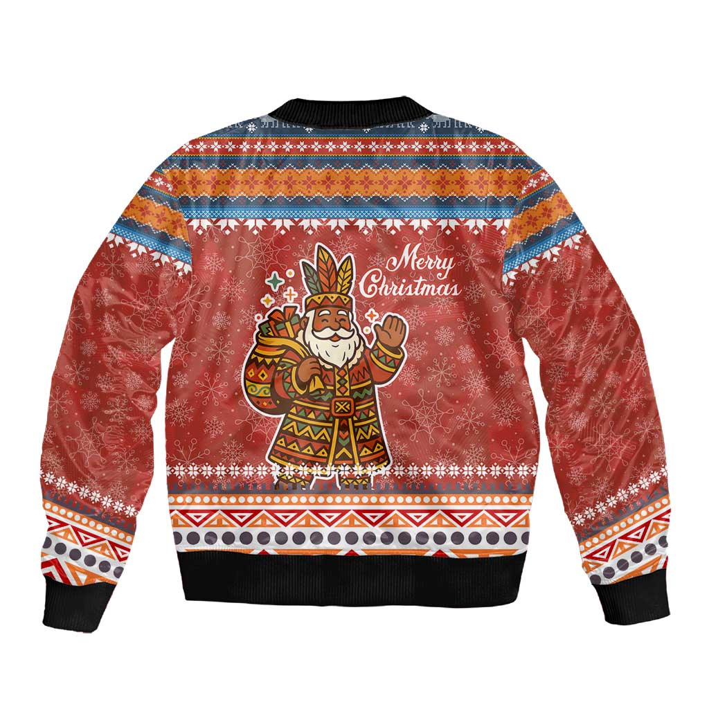 Angola Christmas Sleeve Zip Bomber Jacket Snowflake Pattern Tribal Santa Claus Motif - African Pride