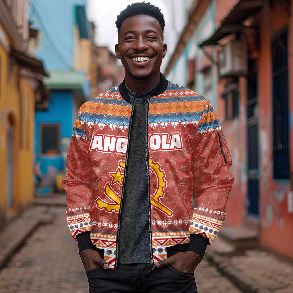 Angola Christmas Sleeve Zip Bomber Jacket Snowflake Pattern Tribal Santa Claus Motif - African Pride