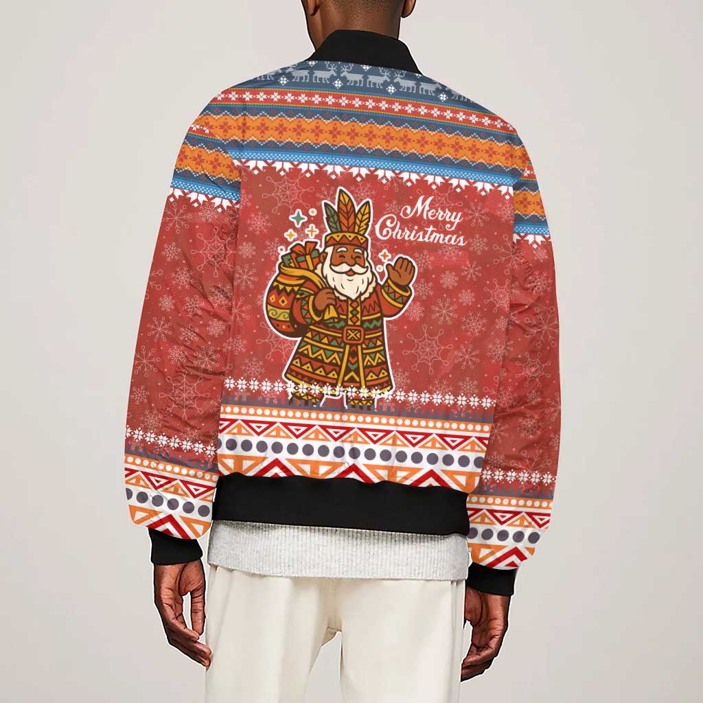 Angola Christmas Sleeve Zip Bomber Jacket Snowflake Pattern Tribal Santa Claus Motif - African Pride