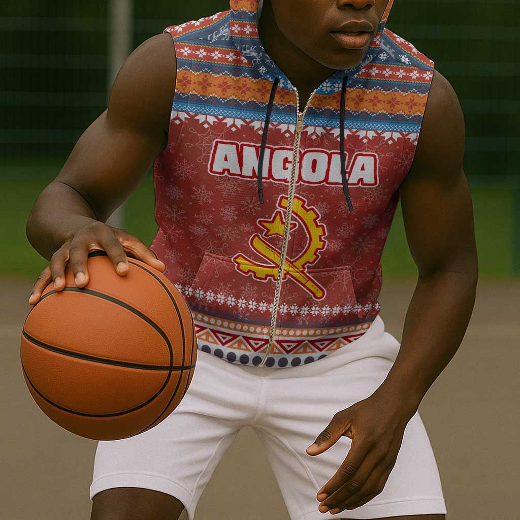 Angola Christmas Sleeveless Zip Hoodie Snowflake Pattern Tribal Santa Claus Motif - African Pride