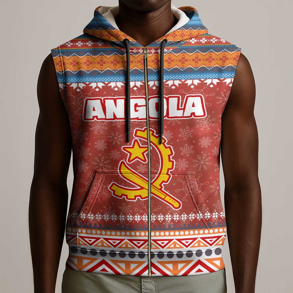 Angola Christmas Sleeveless Zip Hoodie Snowflake Pattern Tribal Santa Claus Motif - African Pride