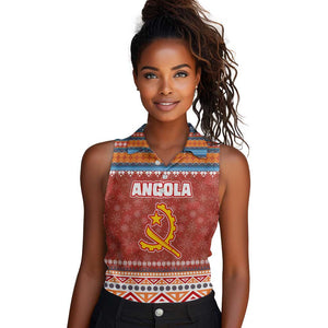 Angola Christmas Women Sleeveless Polo Shirt Snowflake Pattern Tribal Santa Claus Motif - African Pride