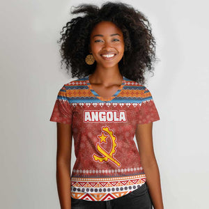 Angola Christmas Women V-Neck T-Shirt Snowflake Pattern Tribal Santa Claus Motif - African Pride