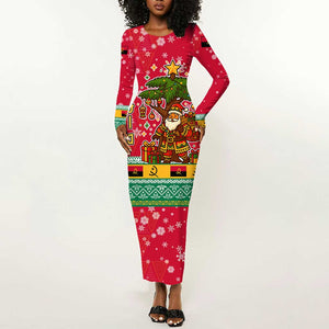 Angola Christmas Long Sleeve Bodycon Dress Santa Gifts and National Flag Map Motif - African Pride