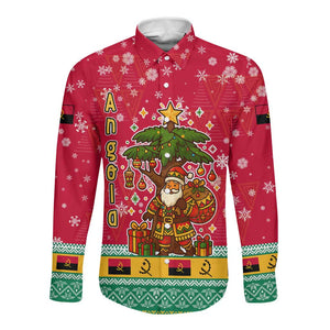 Angola Christmas Long Sleeve Button Shirt Santa Gifts and National Flag Map Motif - African Pride