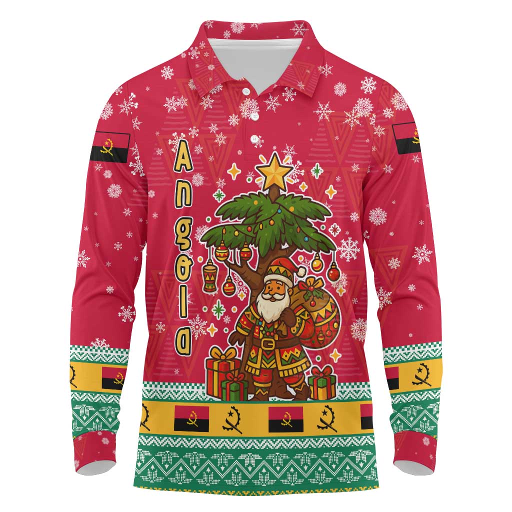 Angola Christmas Long Sleeve Polo Shirt Santa Gifts and National Flag Map Motif - African Pride