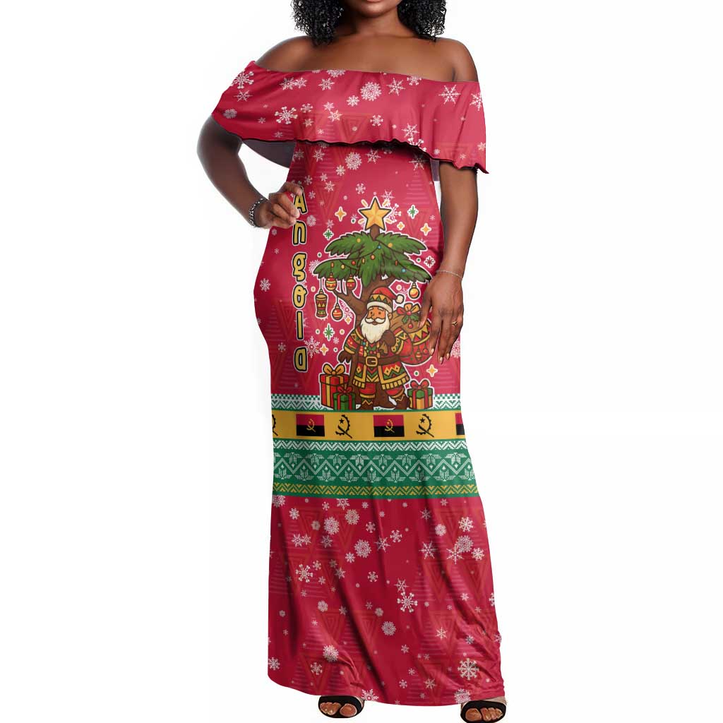 Angola Christmas Off Shoulder Maxi Dress Santa Gifts and National Flag Map Motif - African Pride