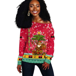 Angola Christmas Off Shoulder Sweater Santa Gifts and National Flag Map Motif - African Pride