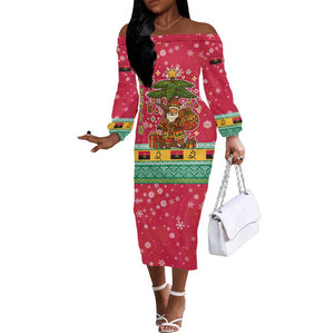 Angola Christmas Off The Shoulder Long Sleeve Dress Santa Gifts and National Flag Map Motif - African Pride