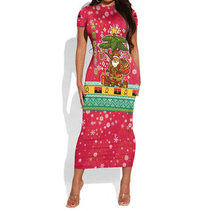 Angola Christmas Short Sleeve Bodycon Dress Santa Gifts and National Flag Map Motif - African Pride