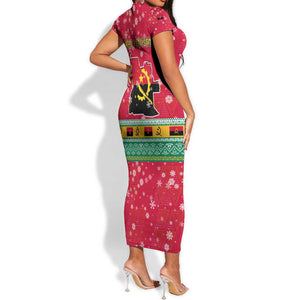 Angola Christmas Short Sleeve Bodycon Dress Santa Gifts and National Flag Map Motif - African Pride