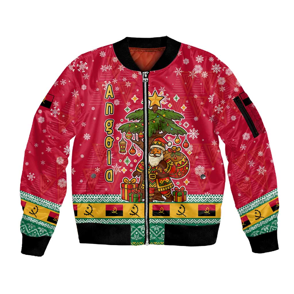 Angola Christmas Sleeve Zip Bomber Jacket Santa Gifts and National Flag Map Motif - African Pride