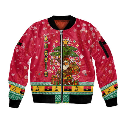 Angola Christmas Sleeve Zip Bomber Jacket Santa Gifts and National Flag Map Motif - African Pride