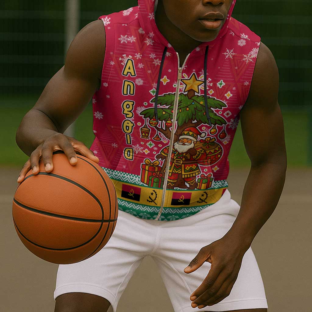Angola Christmas Sleeveless Zip Hoodie Santa Gifts and National Flag Map Motif - African Pride