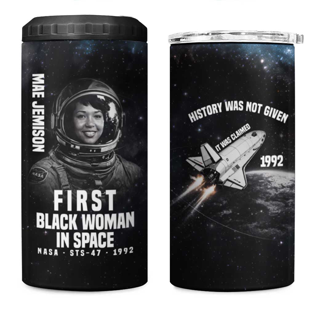 Mae Jemison 4 in 1 Can Cooler Tumbler with NASA Spacesuit Portrait, First Black Woman - African Pride