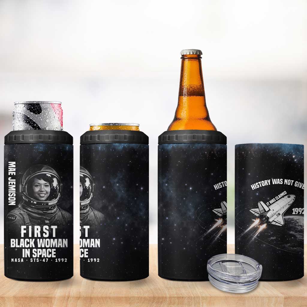 Mae Jemison 4 in 1 Can Cooler Tumbler with NASA Spacesuit Portrait, First Black Woman - African Pride