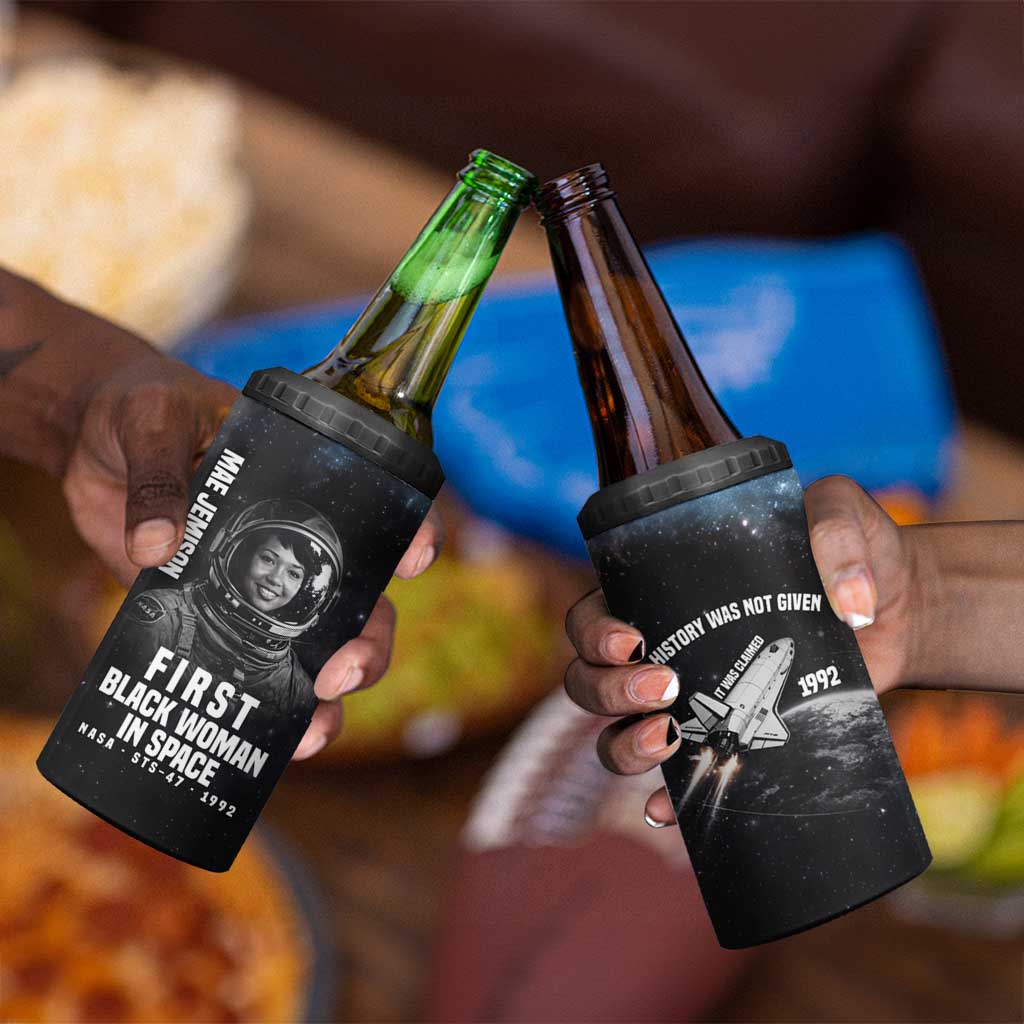Mae Jemison 4 in 1 Can Cooler Tumbler with NASA Spacesuit Portrait, First Black Woman - African Pride