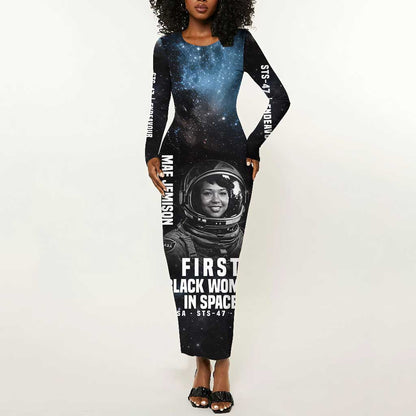 Mae Jemison Long Sleeve Bodycon Dress with NASA Spacesuit Portrait, First Black Woman - African Pride