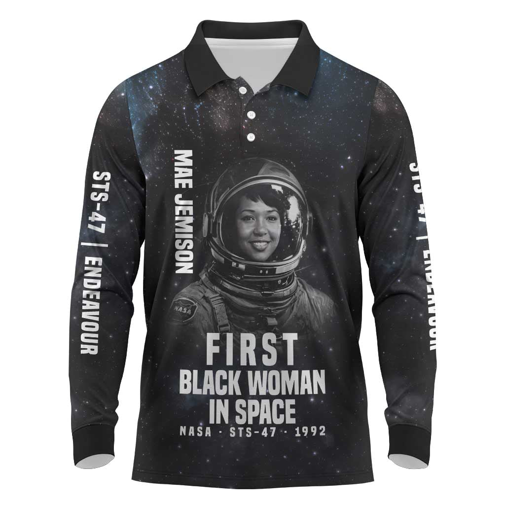 Mae Jemison Long Sleeve Polo Shirt with NASA Spacesuit Portrait, First Black Woman - African Pride