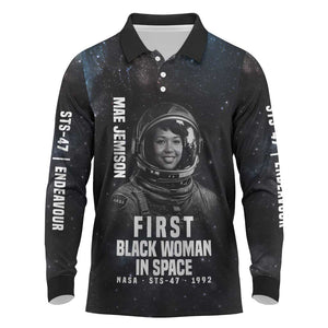 Mae Jemison Long Sleeve Polo Shirt with NASA Spacesuit Portrait, First Black Woman - African Pride