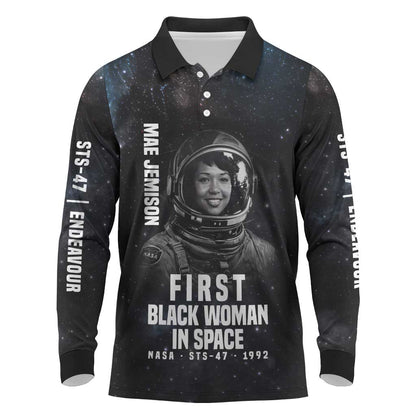 Mae Jemison Long Sleeve Polo Shirt with NASA Spacesuit Portrait, First Black Woman - African Pride