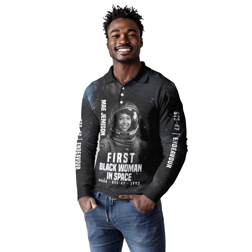 Mae Jemison Long Sleeve Polo Shirt with NASA Spacesuit Portrait, First Black Woman - African Pride