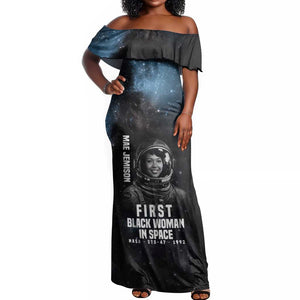 Mae Jemison Off Shoulder Maxi Dress with NASA Spacesuit Portrait, First Black Woman - African Pride