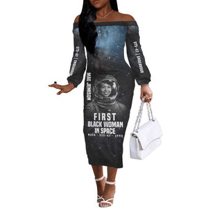 Mae Jemison Off The Shoulder Long Sleeve Dress with NASA Spacesuit Portrait, First Black Woman - African Pride