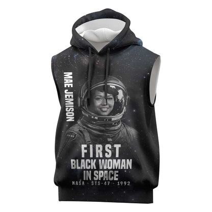 Mae Jemison Sleeveless Hoodie with NASA Spacesuit Portrait, First Black Woman - African Pride