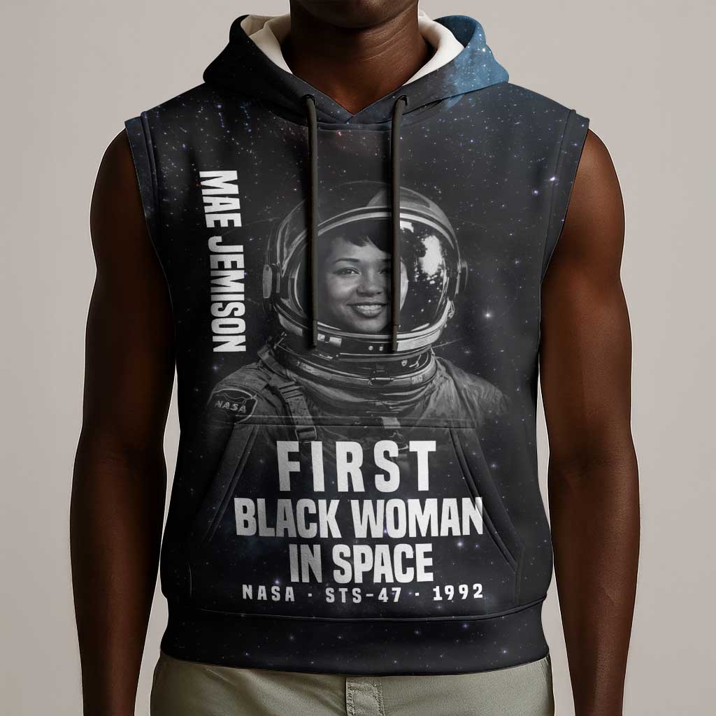 Mae Jemison Sleeveless Hoodie with NASA Spacesuit Portrait, First Black Woman - African Pride