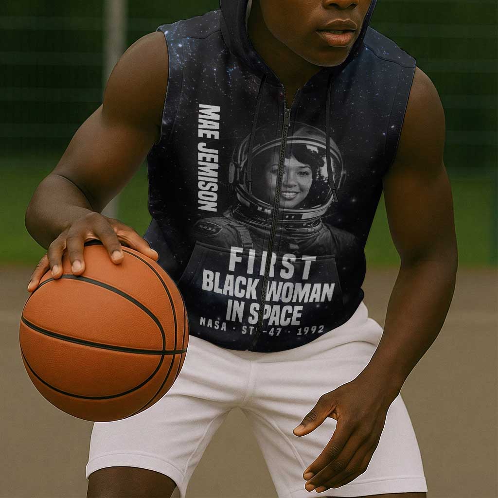 Mae Jemison Sleeveless Zip Hoodie with NASA Spacesuit Portrait, First Black Woman - African Pride