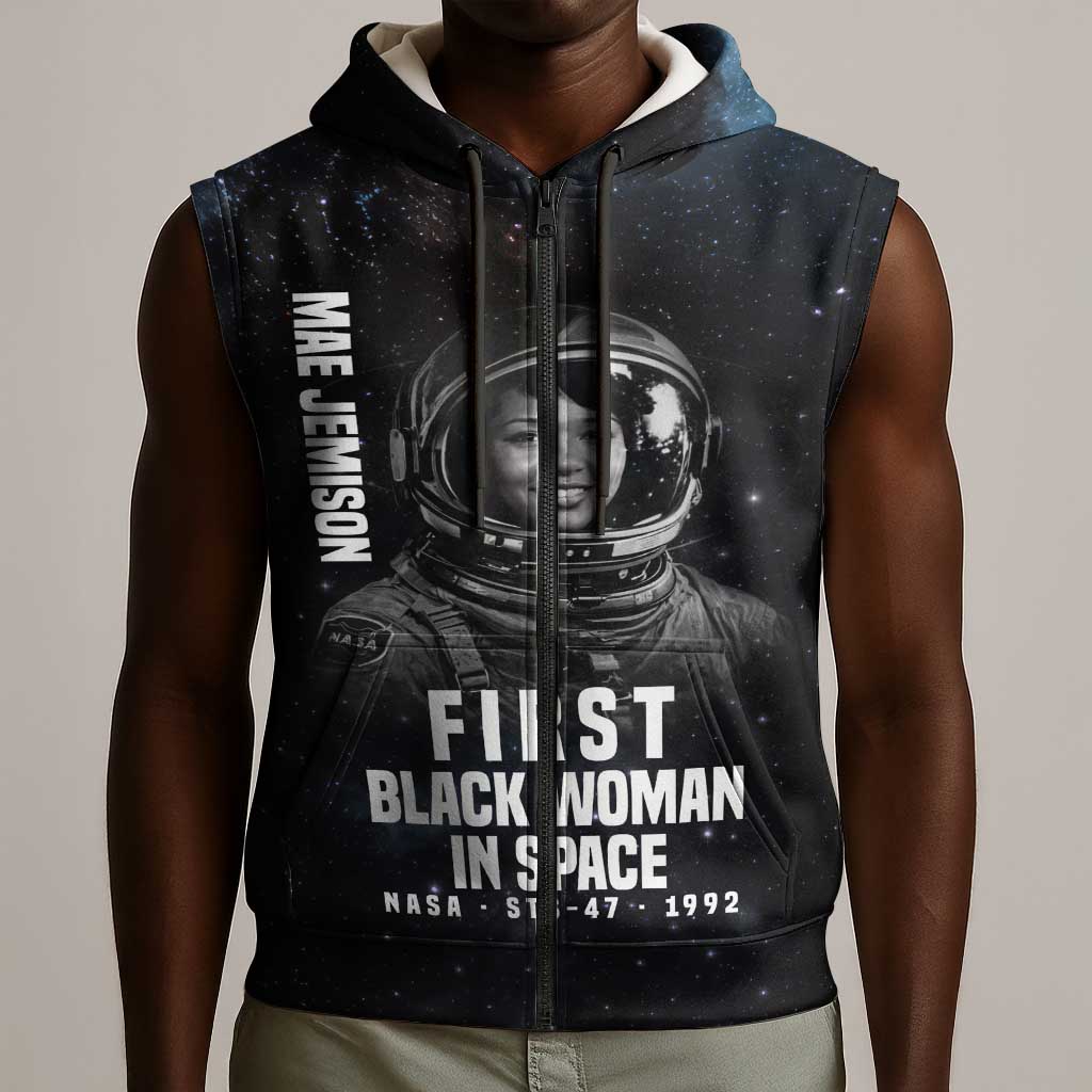 Mae Jemison Sleeveless Zip Hoodie with NASA Spacesuit Portrait, First Black Woman - African Pride