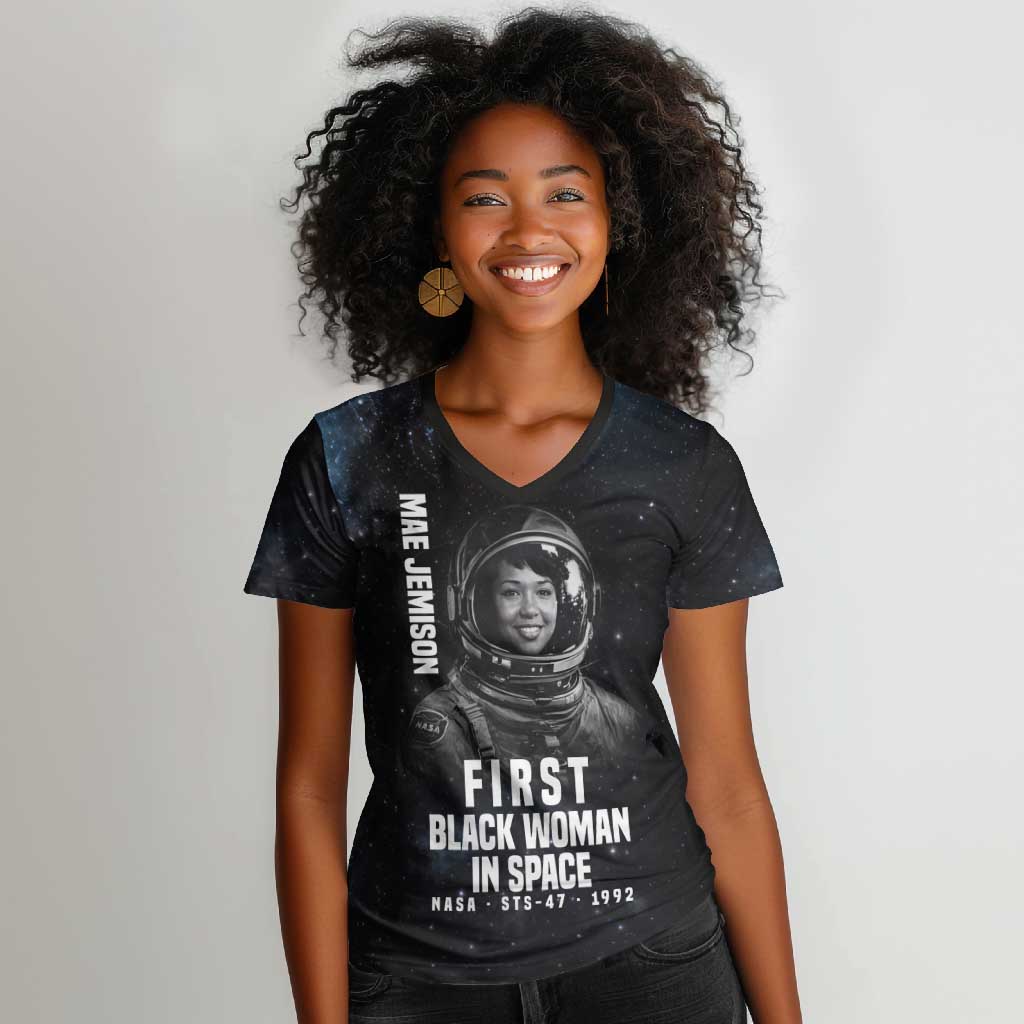 Mae Jemison Women V-Neck T-Shirt with NASA Spacesuit Portrait, First Black Woman - African Pride