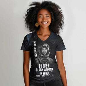 Mae Jemison Women V-Neck T-Shirt with NASA Spacesuit Portrait, First Black Woman - African Pride